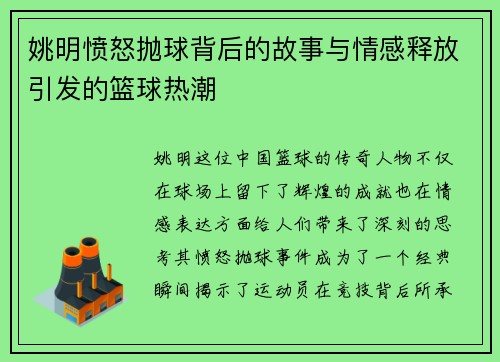 姚明愤怒抛球背后的故事与情感释放引发的篮球热潮